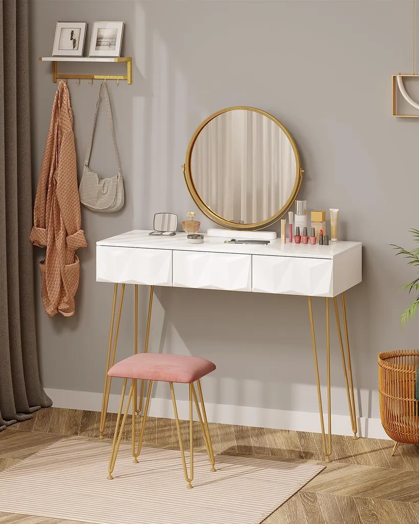 Coiffeuse Eugad avec Miroir Pivotant 360° et Tabouret en Velours Gris