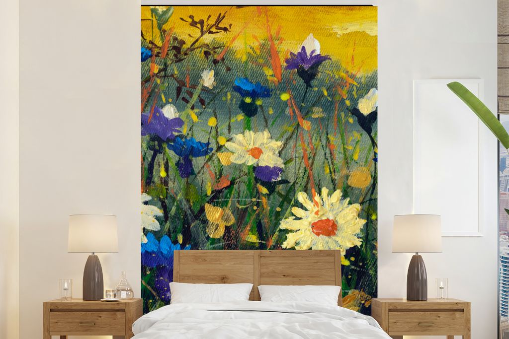 MuchoWow Fototapete für Wohnzimmer oder Schlafzimmer Wandtapete Vinyl Motivtapete Malerei - Ölfarbe - Natur - Blumen - 160x240 cm - Vinyltapete
