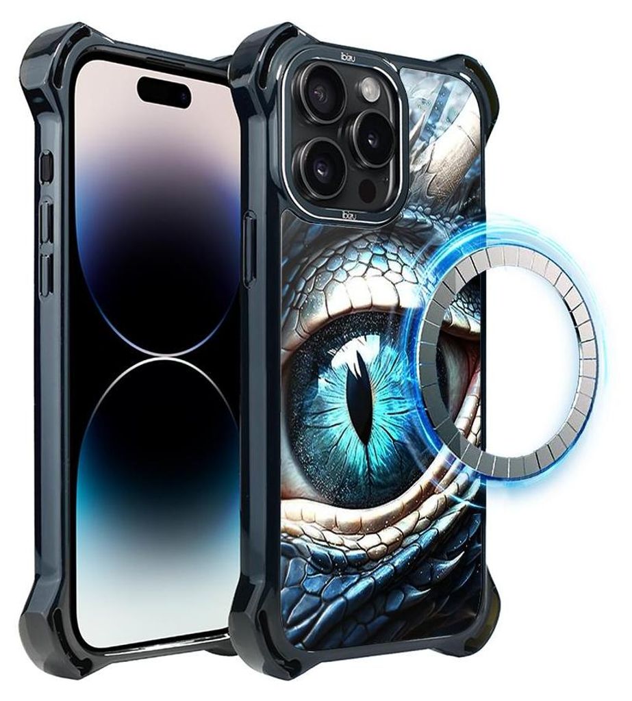Schutzhülle für das iPhone 14 Pro Max, MagSafe-kompatibel, verstärkte Ecken, schwarz, Das blaue Auge des Drachen