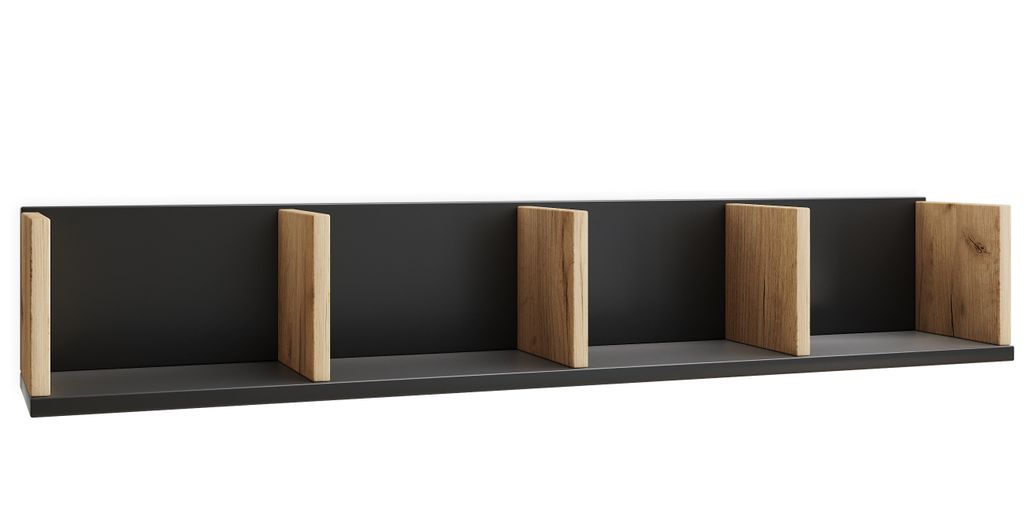 Honsa Regal wandhängend 4 Ablagen schwarz, Eiche Nachbildung.