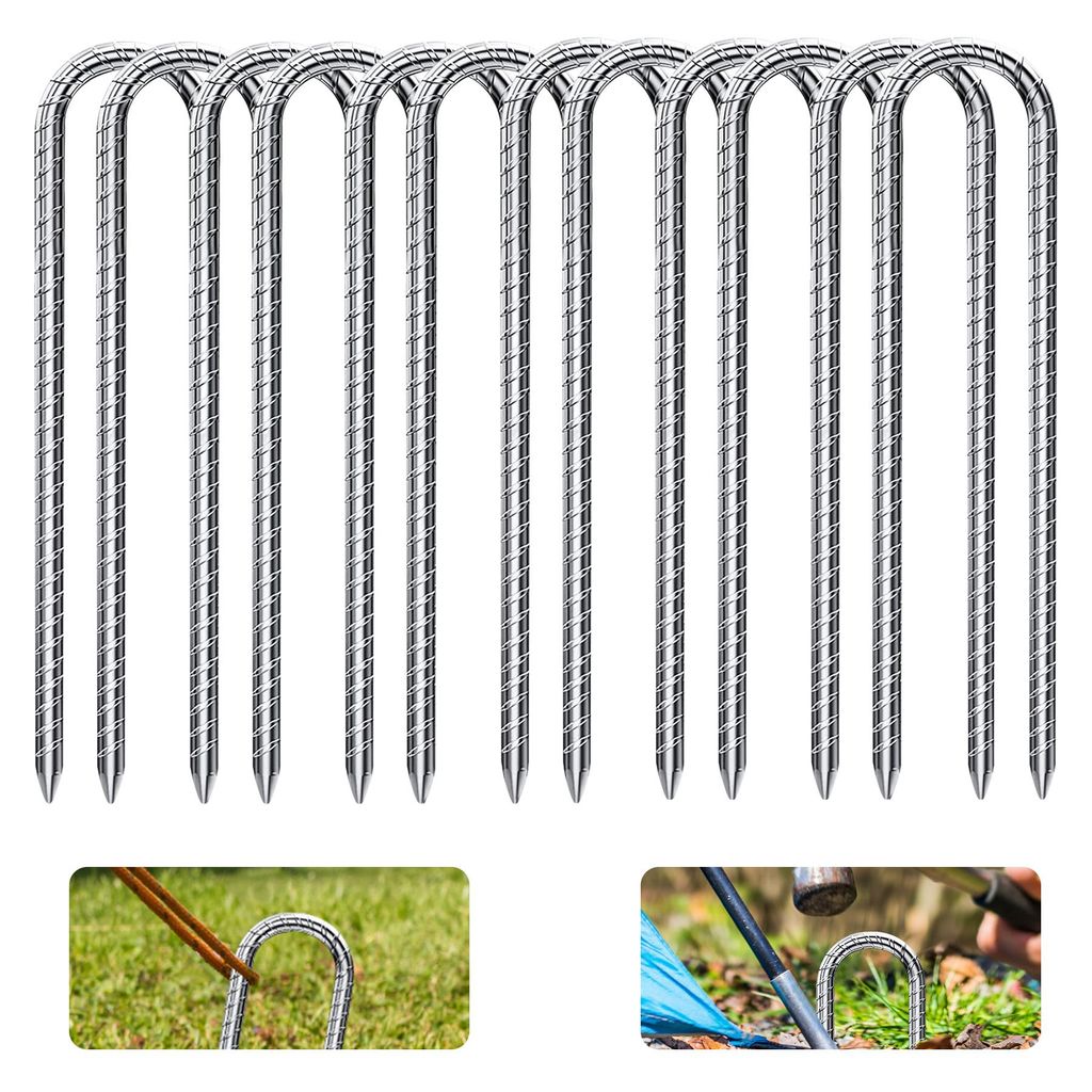 12× Bodenanker,30cm Bodenpfähle,Verzinkter Stahl Bodenanker Trampolin,Bewehrungsstab Zeltheringe,Garten Pfähle,Camping Zelt Heringe Silber U