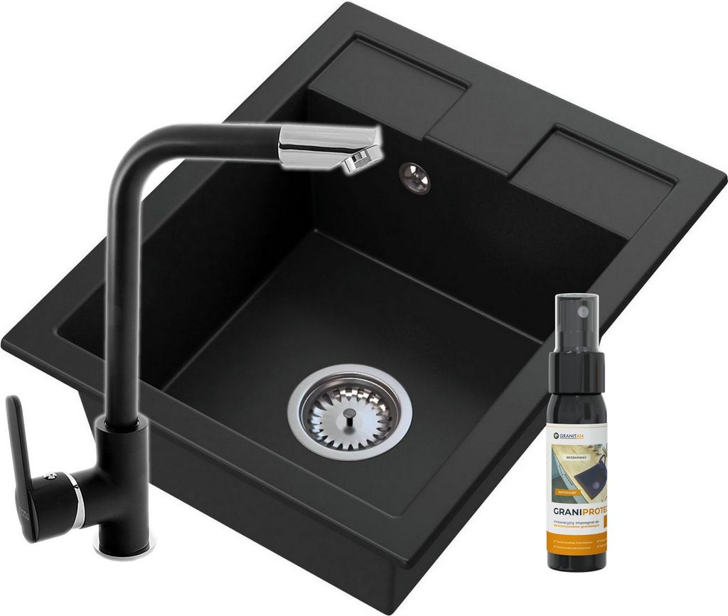 Granitan | Granitspüle - Spülbecken - 50x40 cm - Schwarz - Küchenarmatur MOVE - mit Siphon - BEST