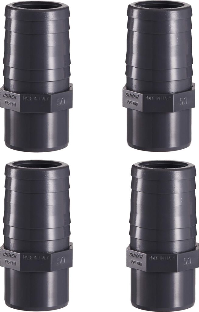 HAF 4x PVC Druckschlauchtülle mit 50mm x 50mm | Schlauchtülle x Klebestutzen | Schlauchverbinder aus grauem PVC-U | PN16 für Pool und Teich