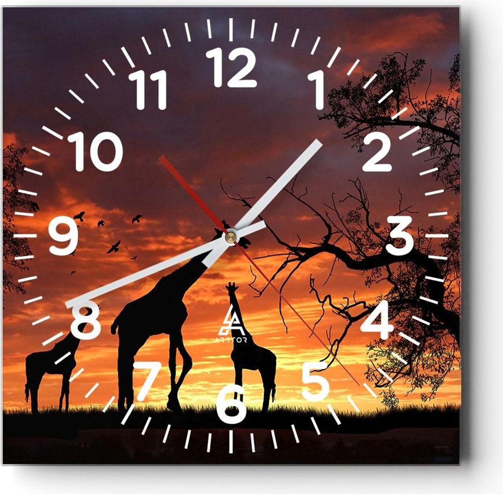 Wanduhr - Quadrat - Glasuhr - Giraffe Afrika Sonne Safari - 30x30cm - Schleichendes Uhrwerk - Lautlos - zum Aufhängen bereit - Dekoration Modern -...
