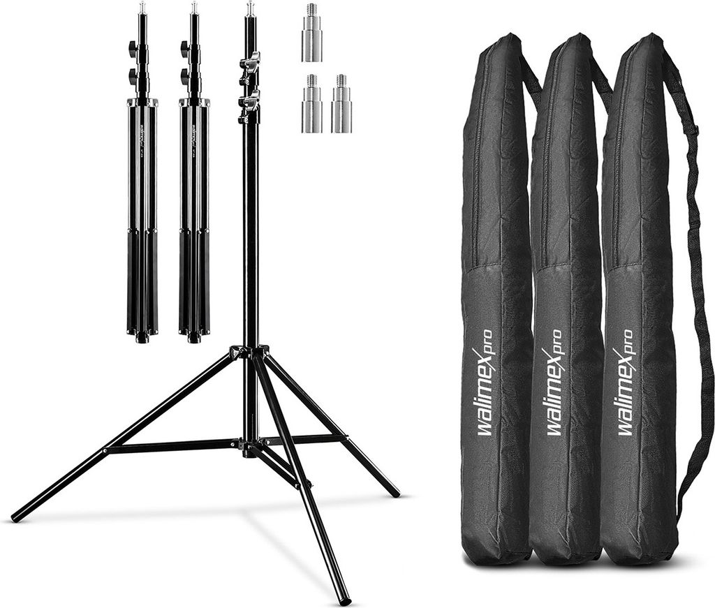 Walimex pro Lichtstativ WT-806 3er-Set bis 256 cm Höhe, Blitzstativ mit Federdämpfung inkl. 3/8" Adapter & Taschen, Lampenstativ bis 6 kg, Studio...