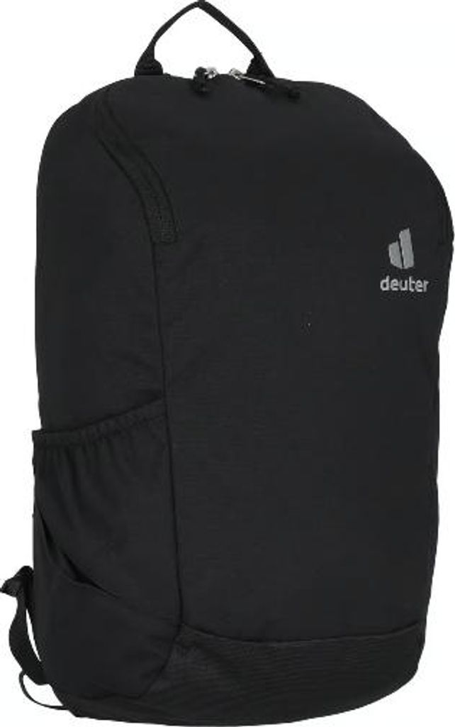 A black Deuter backpack is shown from the side against a white background.