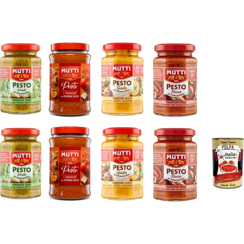 Mutti Tomaten Pesto Mix 8 x 180 g Verde Arancione Giallo Rosso italienische Pastasauce fürs Verfeinern von Pasta & Bruschetta + Italian Gourmet polpa