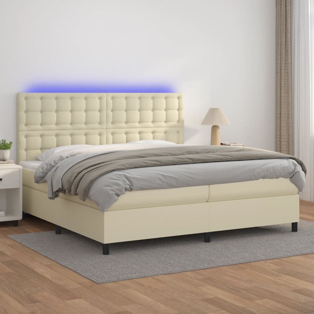 The Living Store Boxspringbett mit Matratze & LED Creme 200x200 cm Kunstleder