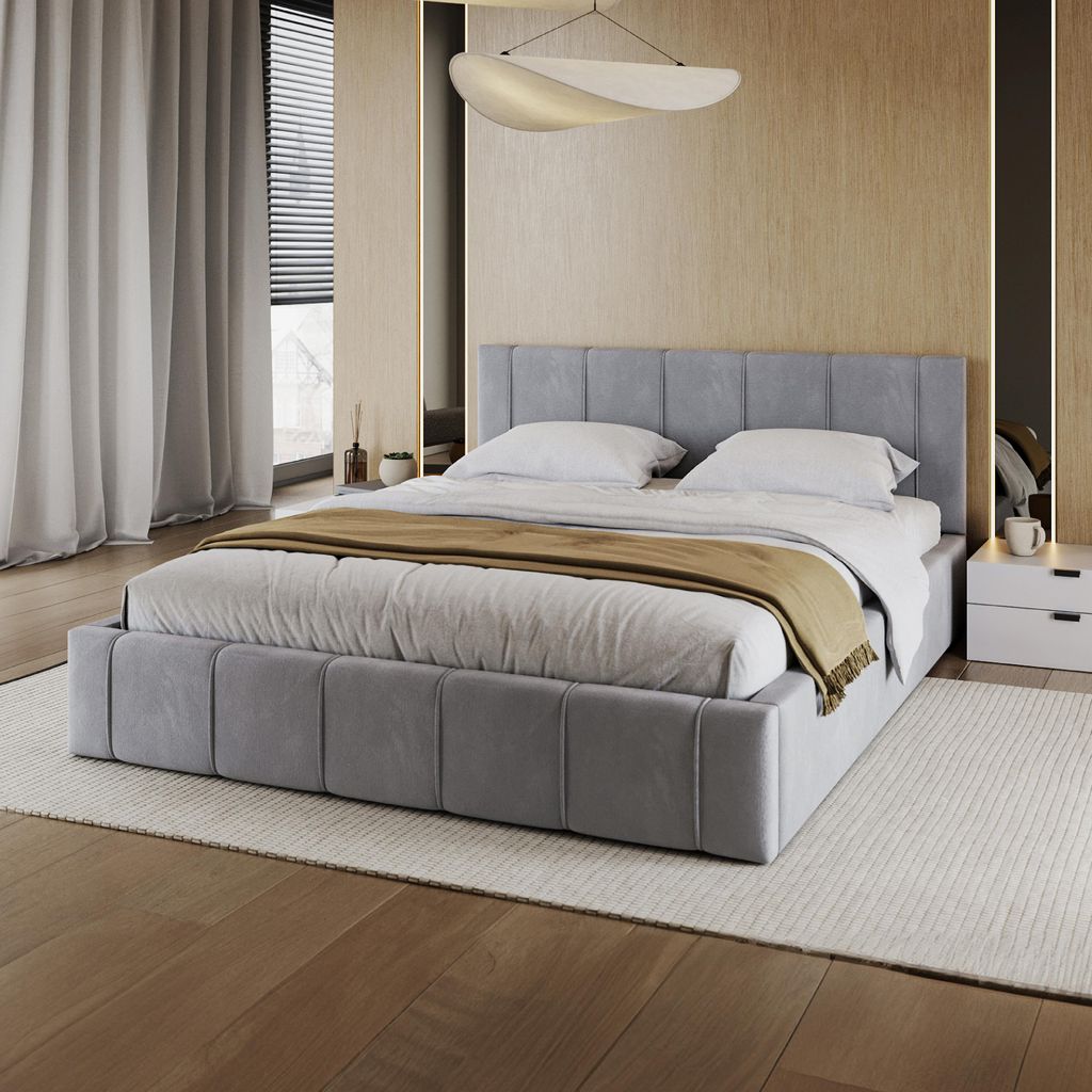 FDM Bett FLORIDA Trinity 160x200 cm Polsterbett mit Lattenrost aus Metall Bettkasten Stauraumbett Samt grau