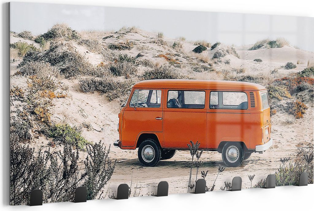 DEQORI Kleiderhaken Glas 60x30 cm 'Küstenabenteuer im VW' Wand Garderobe beschreibbar Paneel