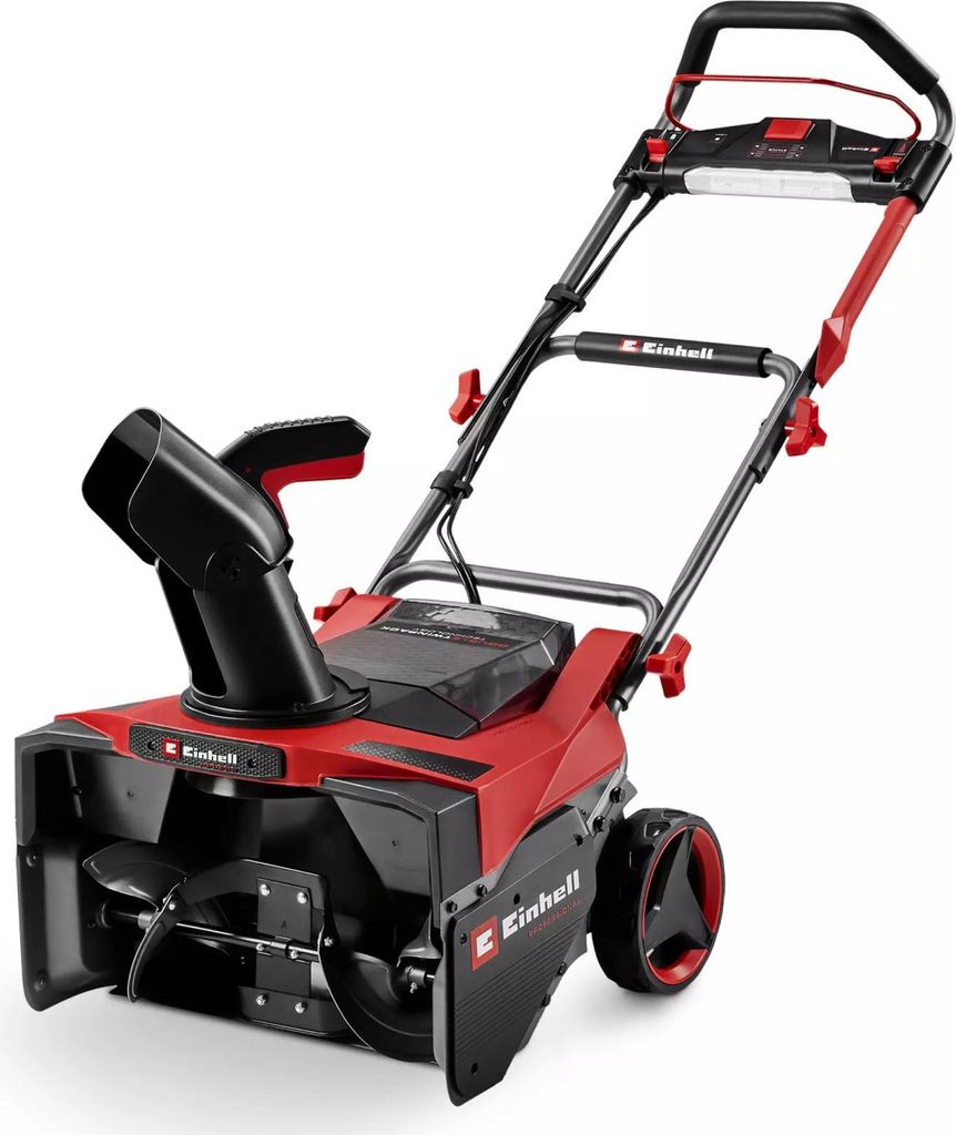 A red and black electric snow blower is shown against a white background.