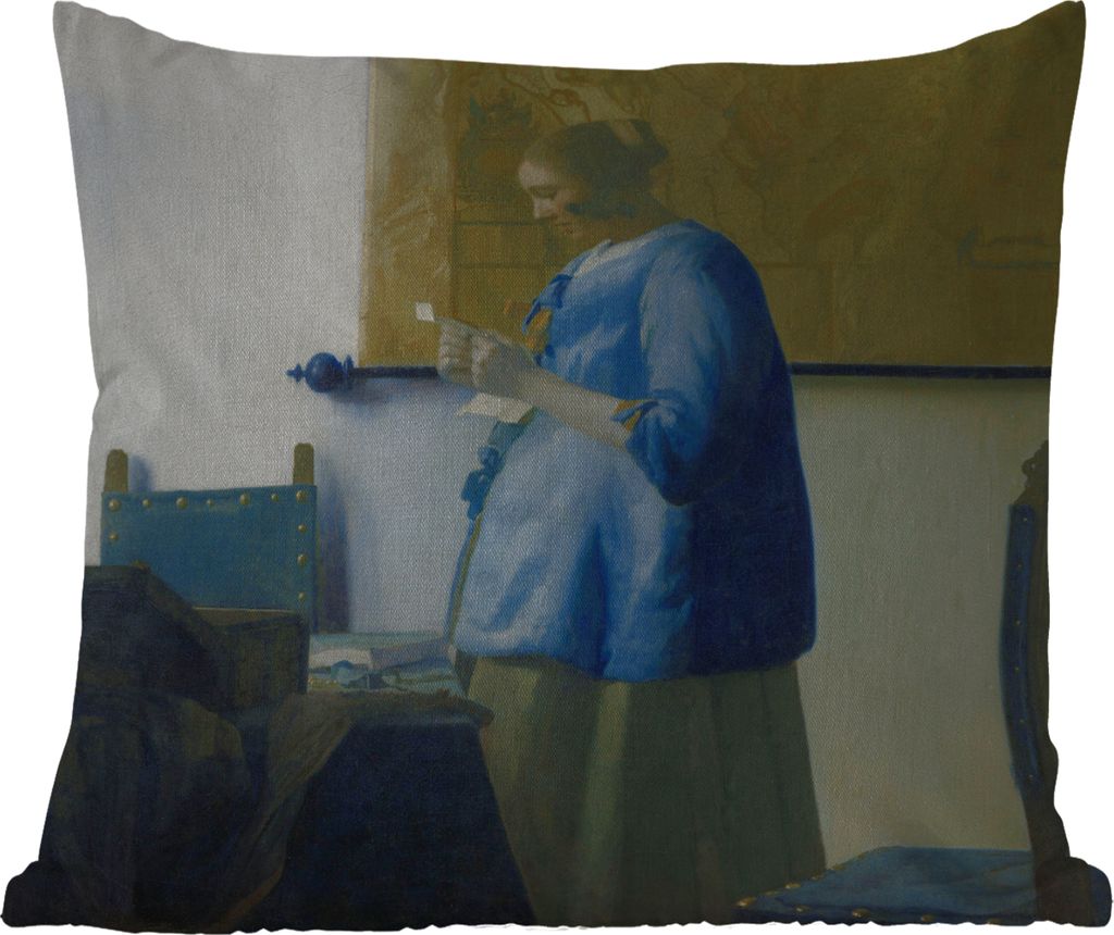 MuchoWow Outdoor Kissen - Frau in Blau liest einen Brief - Gemälde von Johannes Vermeer - 45x45 cm - Wetterfest - Lounge Kissen - Fotokissen - D...