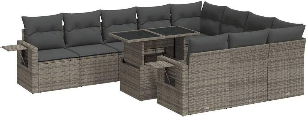 11-tlg. Garten-Sofagarnitur mit Kissen Grau Poly Rattan