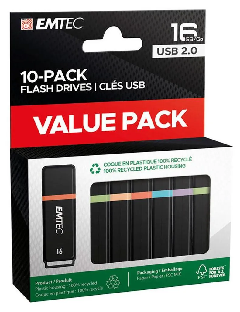 Clé USB 16 Go Emtec K100 Pack de 10 Unités Design Coloré et Format Mini