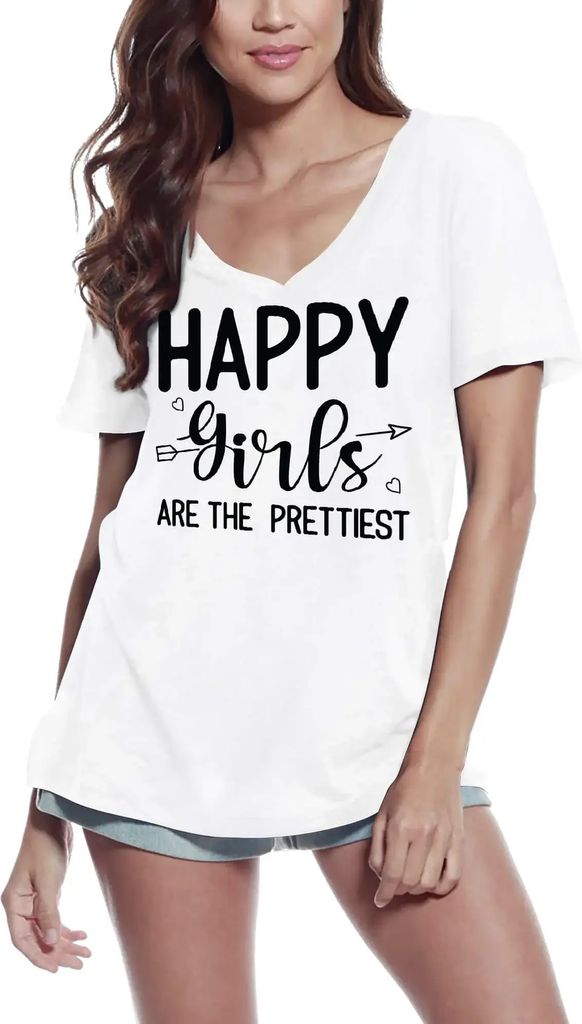 Damen Grafik T-Shirt V-Ausschnitt Glückliche Mädchen sind die Schönsten – Happy Girls Are The Prettiest – Öko-Verantwortlich Vintage Jahrga...