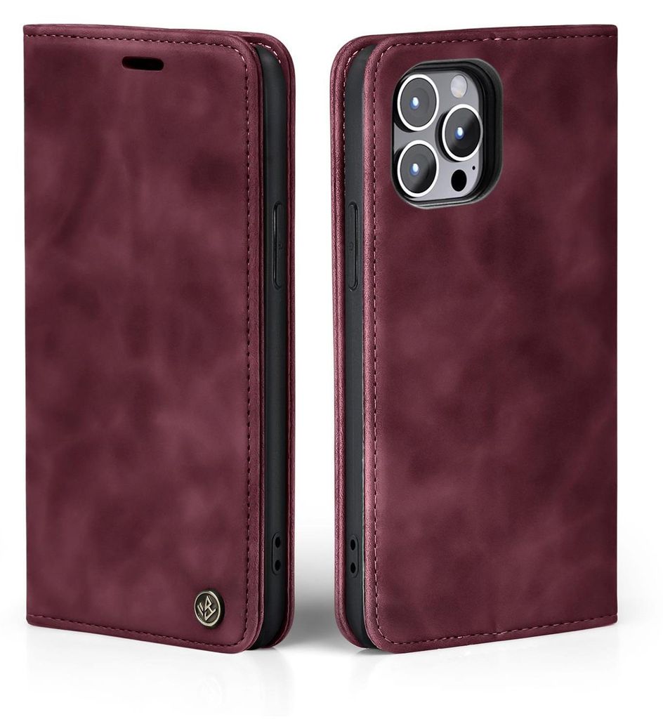 A burgundy flip case for an Apple iPhone 13 Pro is shown from the front and back.
