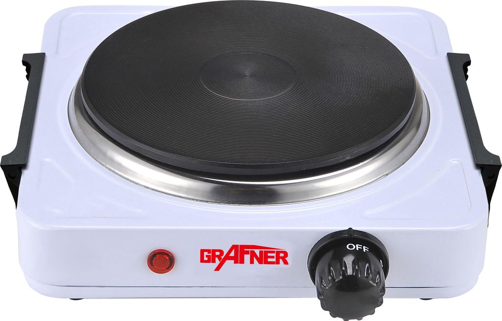 A white electric hot plate with a black heating element and a red power indicator light.