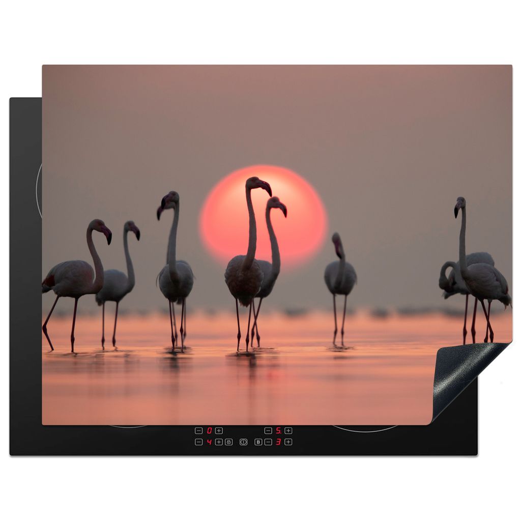KitchenYeah Herdabdeckplatte Vogel - Flamingo - Sonnenuntergang - Rosa , 77x59cm, Küche Deko, Glaskeramikkochfeld Herdabdeckung, Abdeckplatte f...