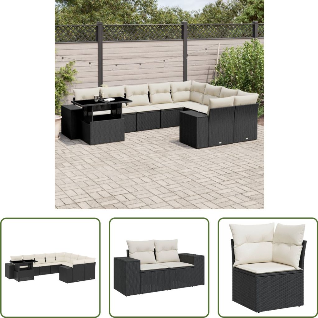 The Living Store 10-tlg. Garten-Sofagarnitur mit Kissen Schwarz Poly Rattan