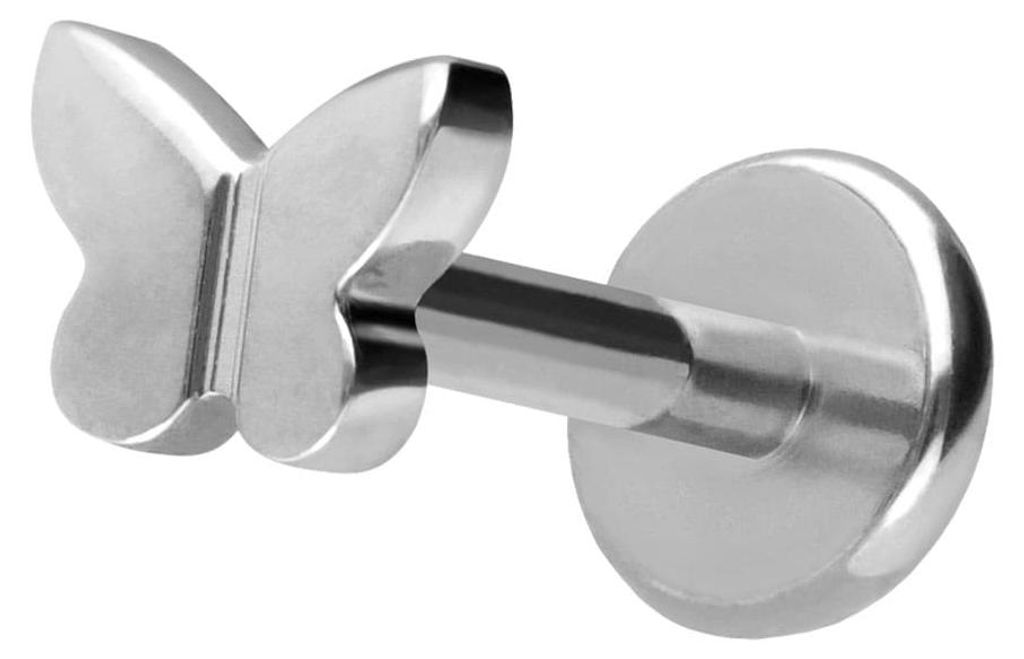 Ohrpiercing, Nasenpiercing Titan Labret mit Push Fit SCHMETTERLING Silber Stablänge: 7mm | Stabstärke: 1mm | Discgröße: 4,5mm