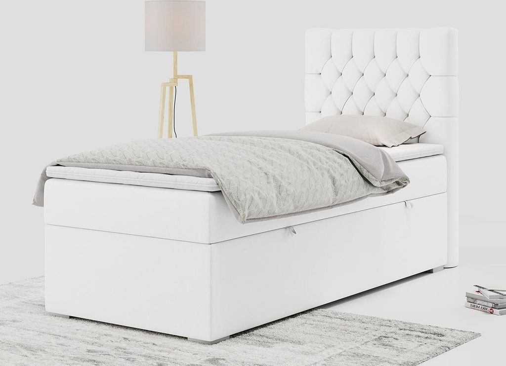 Einzelbett - Boxspringbett 90x200 mit Bettkasten und Matratzentopper - PERA 90 - rechts - Weiß - H3