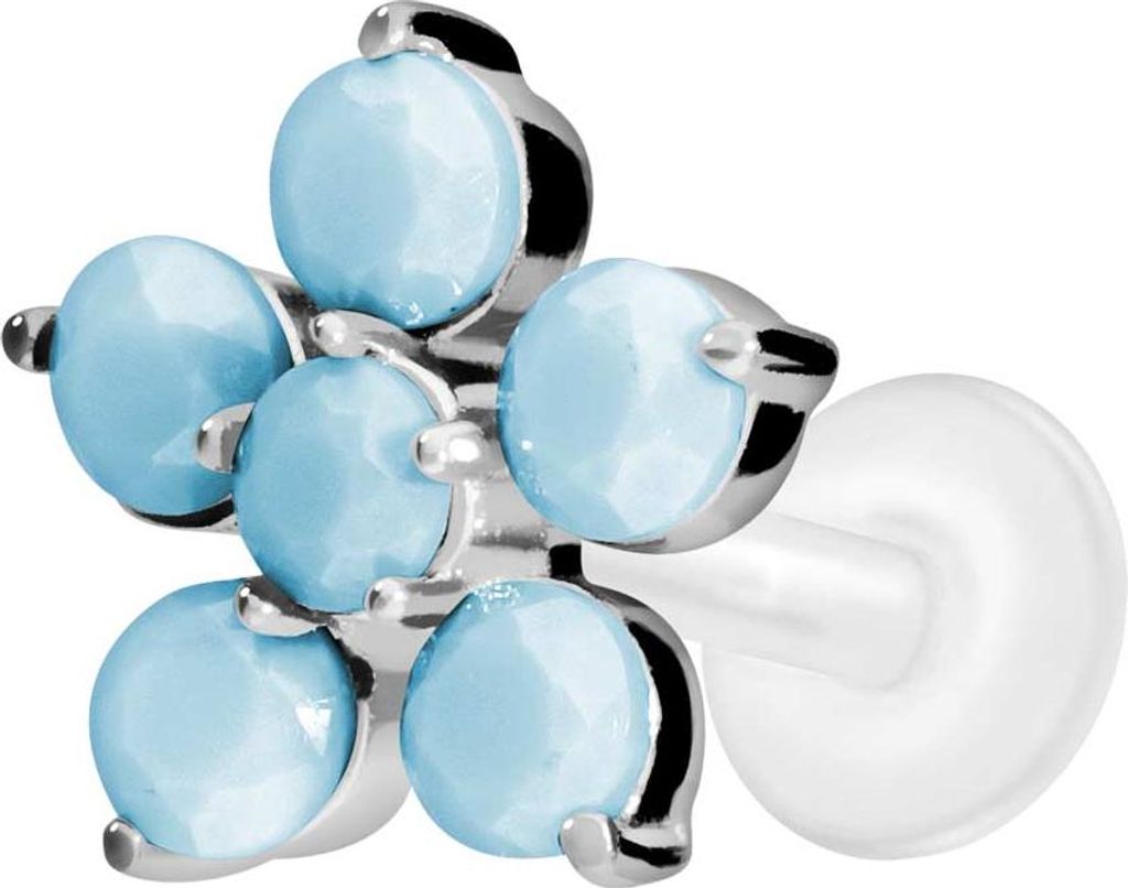 Ohrpiercing, Nasenpiercing PTFE Labret mit Innengewinde + Titan-Aufsatz BLUME + SYNTHETISCHE TÜRKISE Silber Stablänge: 9mm | Stabstärke: 1,2mm