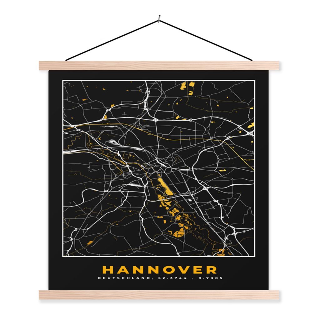 MuchoWow Textilposter Hannover - Gold - Stadtplan - Karte - Deutschland 120x120 cm mit holzfarbenen Rahmen - Textil-Poster