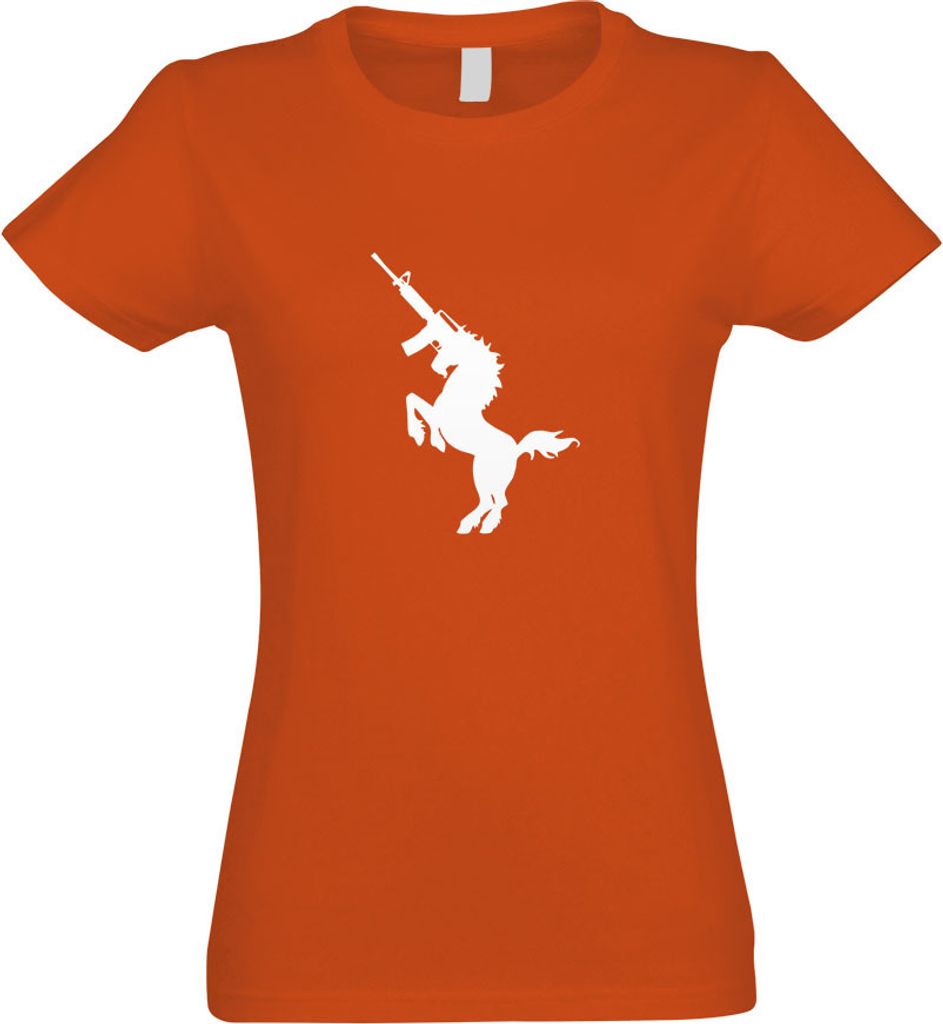 Kiwistar - T-Shirt tailliert - Damen - orange - Machine-Gun Unicorn - mit Motiv Bedruckt - Funshirt Design - Sport - Freizeit - Damen - XXL