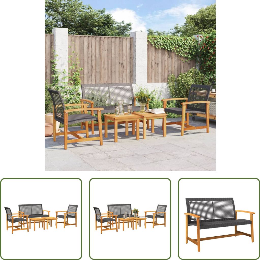 The Living Store 5-tlg. Garten-Lounge-Set Schwarz Poly Rattan und Akazienholz