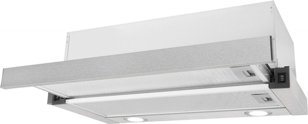 A white and silver kitchen range hood is shown from a side angle.