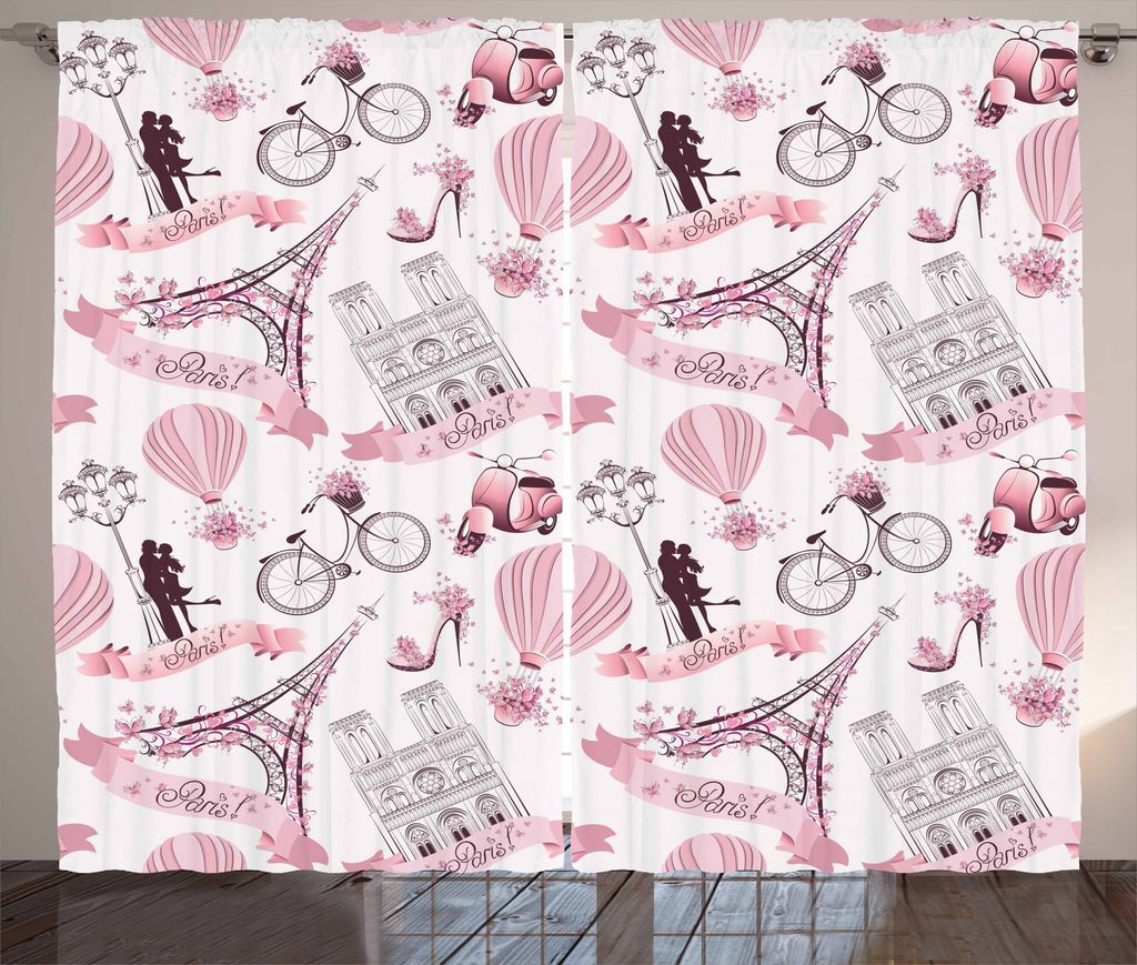 ABAKUHAUS Eiffelturm Rustikaler Vorhang, Paris Hochzeitsreise, Wohnzimmer Universalband Gardinen mit Schlaufen und Haken, 280 x 175 cm, Weiß Pink
