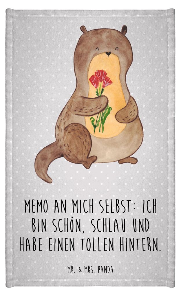 Mr. & Mrs. Panda Handtuch Otter Blumenstrauß - Grau Pastell - Geschenk, Selbstvertrauen, Gästehandtuch 30x50, Seeotter, Frotteetuch, Motiv, Süß...