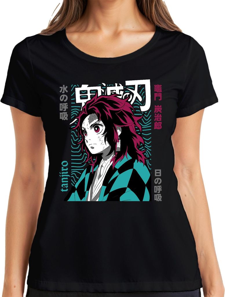 Tanjiro Demon Slayer Schwert Dämonenjäger Wasseratmung Japan Y2K Streetwear Damen T-Shirt, Schwarz, 3XL