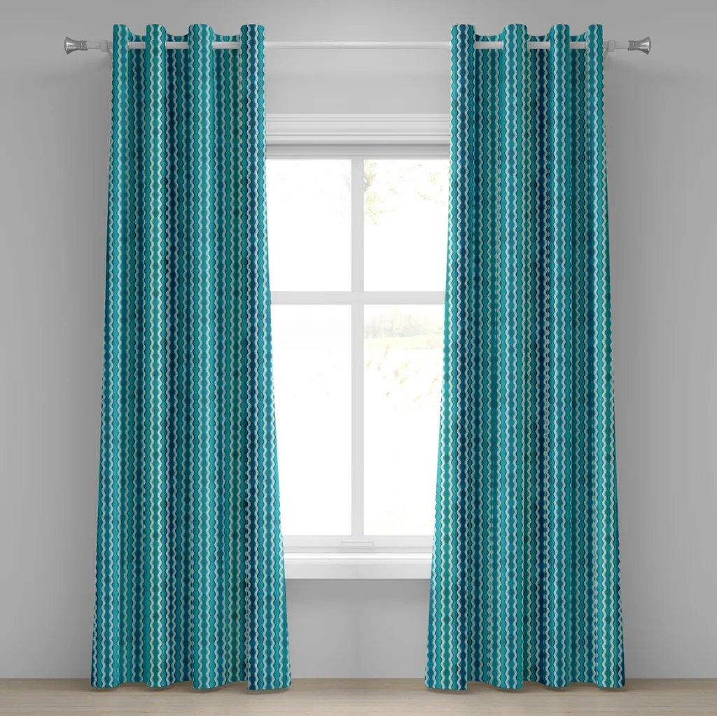Paire de rideaux déco turquoise à rayures ondulées style vintage