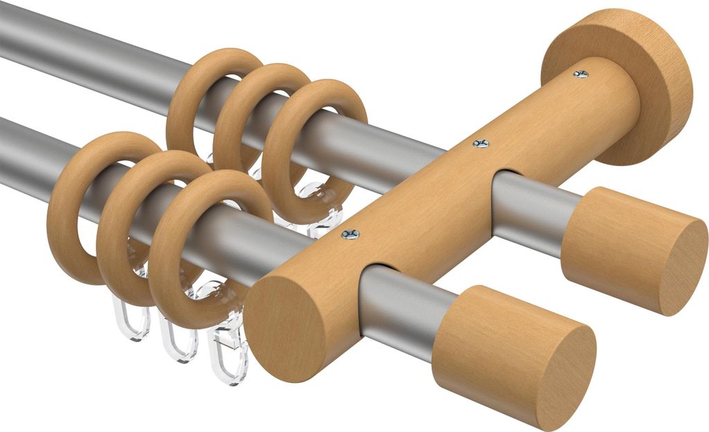 Interdeco Gardinenstange / Vorhangstange Silbergrau / Buche lackiert, Typ Talena Feta (Kappe), 20 mm Ø 2-läufig, 160 cm