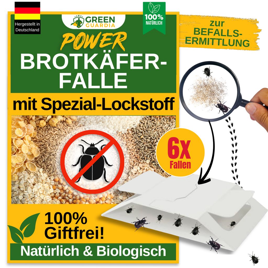 Collage image for a product that is a "Brotkäfer-Falle" (bread beetle trap) with special attractant. It highlights features like "100% Naturally" and "100% Poison-free, Natural & Biological". It also shows a magnifying glass with beetles and a diagram of t