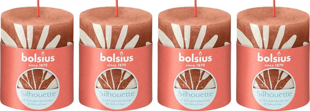 set di 4 candele a colonna - Altezza 8 cm - Diametro 6,8 cm - Stampa rustica - Rosa ruggine - Salvia