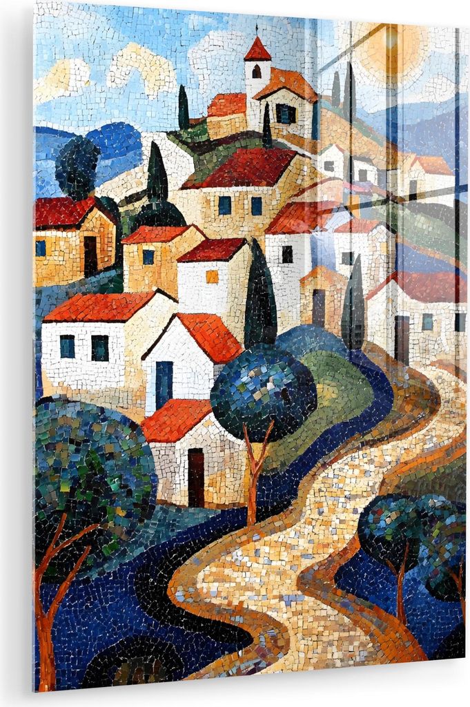MuchoWow Glasbilder - Bilder auf Wandbild - Foto auf Glas Dorf - Hügelig - Sonne - Mosaik 30x40 cm Wanddekoration aus Glas - Acrylglasbild - Acryl...