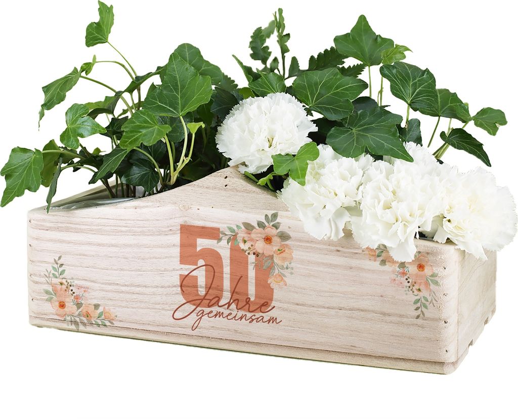 Geschenkkorb aus Holz zur goldenen Hochzeit – Dekorative Geschenkbox mit Aufdruck "50 Jahre" - Pflanzkorb mit Griff