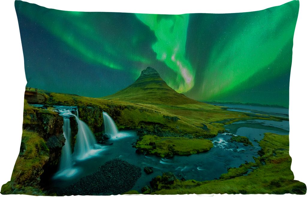 MuchoWow Outdoor Kissen - Nordlichter - Wasserfall - Berg - Island - 50x30 cm - Wetterfest - Lounge Kissen - Sofa kissen - Wohnzimmer Dekoration