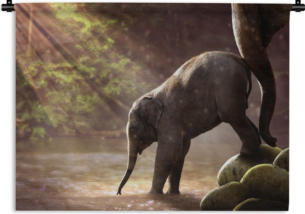 MuchoWow Wandteppich Wandbehang Elefanten - Sonne - Kalb 150x112 cm Tapisserie Dekoration Wandtuch - Wanddecke - Wandteppiche