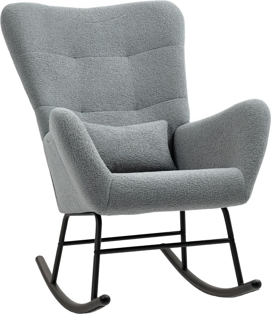 Schaukelsessel Grau mit Teddystoff-Optik & Holzkufen - mit Lendenkissen & Seitentasche, gemütlich & modern