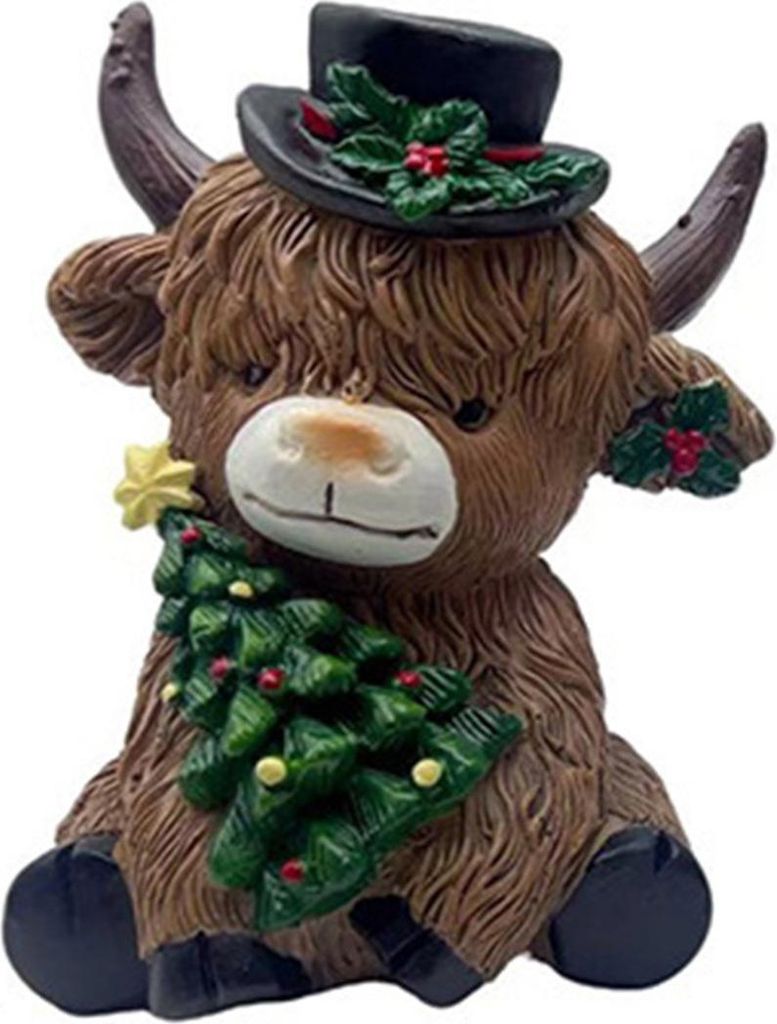 Weihnachtliche Hochlandrind-Figur aus Kunstharz, Weihnachtsmann-Baum-Statue, schottische Statue für Zuhause, Garten, Küche, Büro, Etagerentisch-...