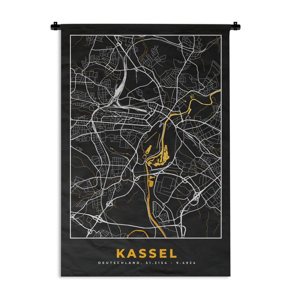 MuchoWow Wandteppich Wandbehang Kassel - Deutschland - Karte - Stadtplan - Gold - Karte 60x90 cm Tapisserie Dekoration Wandtuch - Foto-Teppich - ...