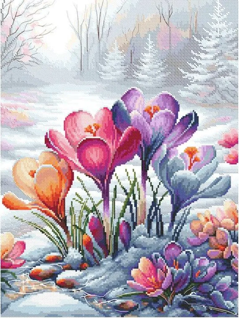 Paquet à broder complet Paysage de Printemps et Crocus Sauvages DIY