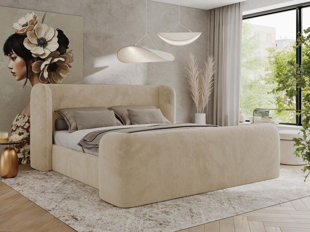 MKS MEBLE Doppelbett Polsterbett mit Lattenrost 180x200 EMORA CLASSIC DUO Bett mit Kopfteil Foam Matratze MIRO LUX Creme Plüsch