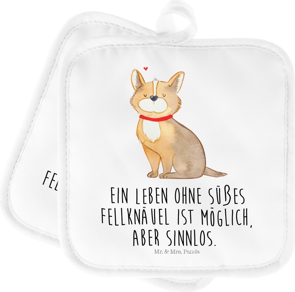 Mr. & Mrs. Panda Topflappen Hund Glück - Weiß - Geschenk, Sprüche, Set, Corgie, Herz, Topfuntersetzer, Spruch, Topflappenset, Ofenlappen, topfha...