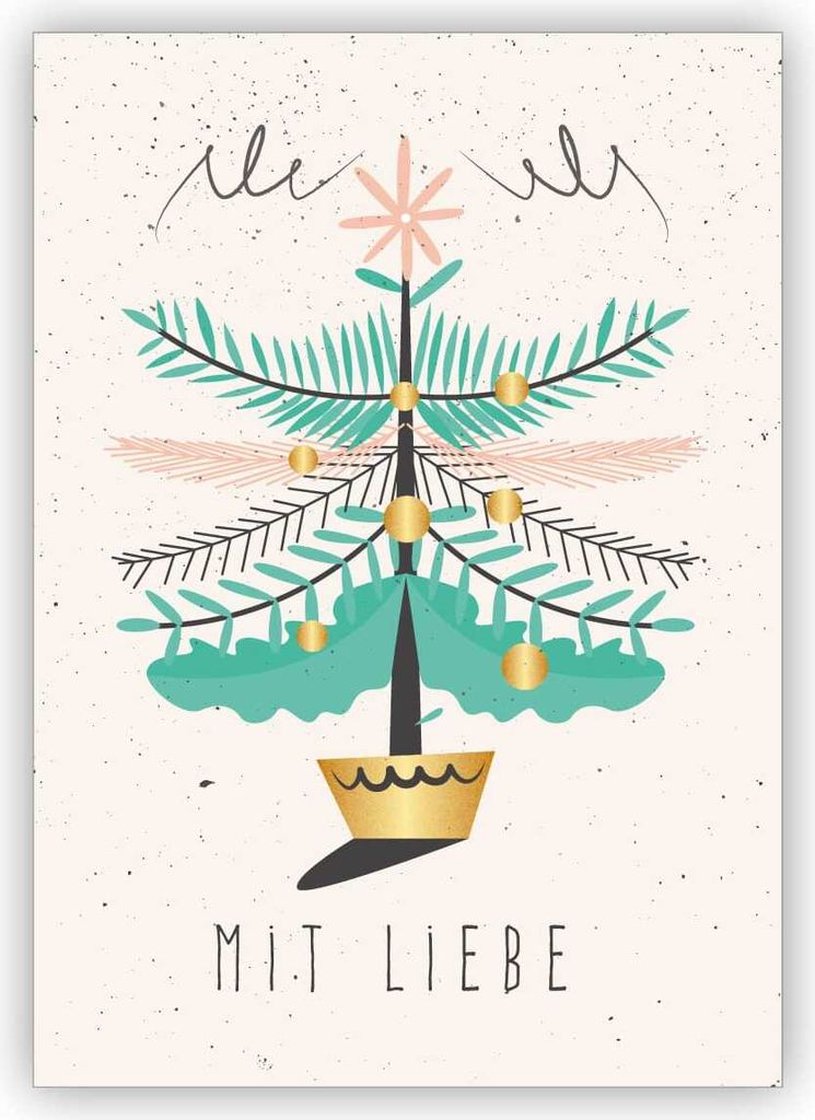 4x Tolle Vintage Geschenk Weihnachtskarte mit Weihnachtsbaum: Mit Liebe
