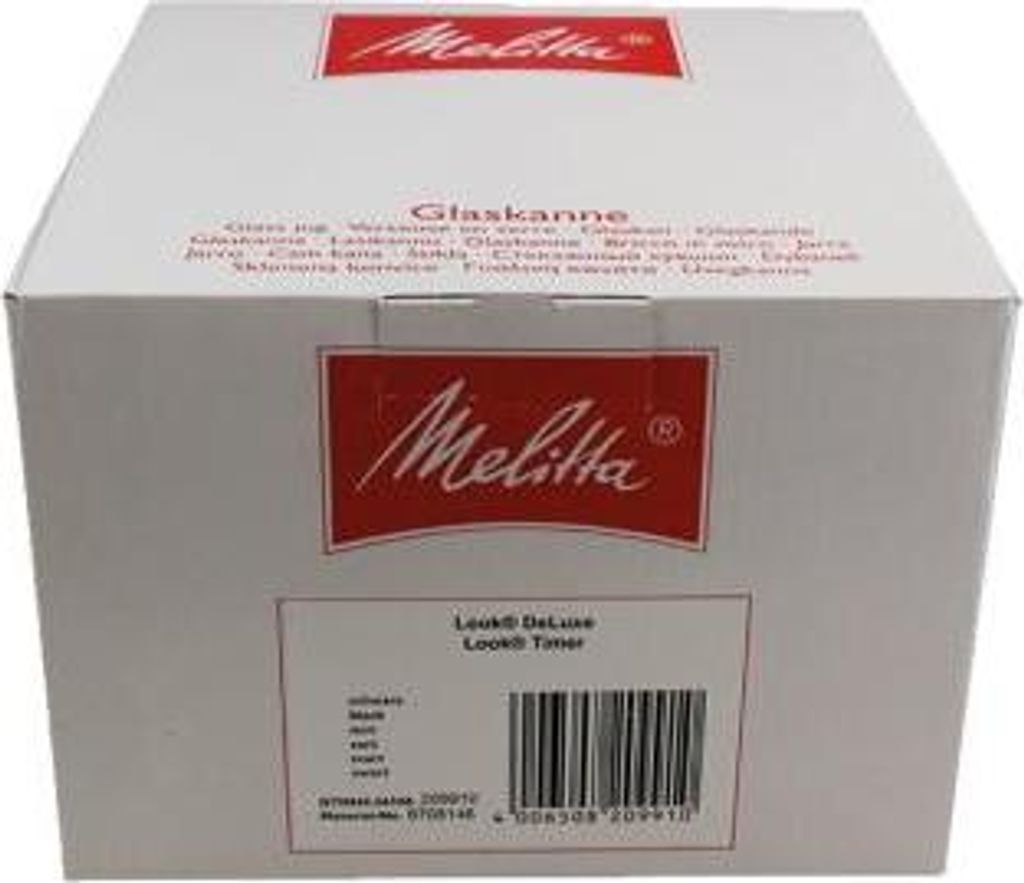 The image shows the side of a Melitta coffee maker carafe packaging box.