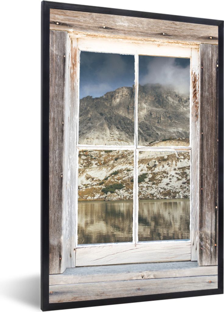 MuchoWow Gerahmtes Poster Aussicht - Berg - Holz 40x60 cm - Poster mit Schwarzem Bilderrahmen Wandposter Rahmen Foto Bilder - Papierdruck - Wandb...